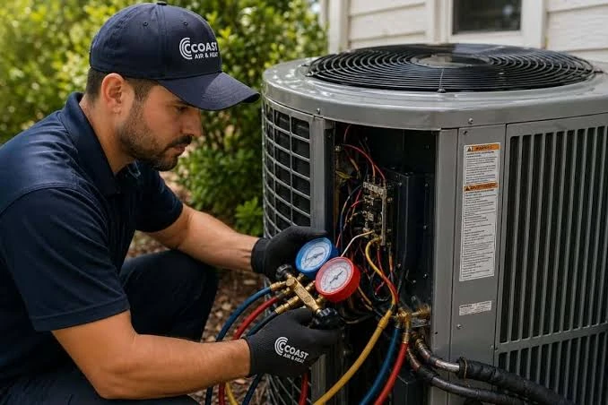 Technician checking refrigerant pressure gauges on an outdoor air conditioning condenser