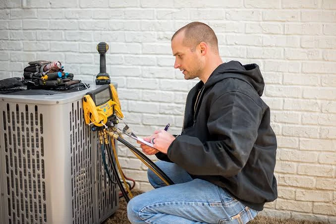 Technician recording maintenance readings beside an outdoor HVAC unit